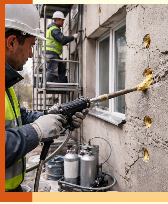 Заполнение пустот в фасаде и утепление стен в Гуково